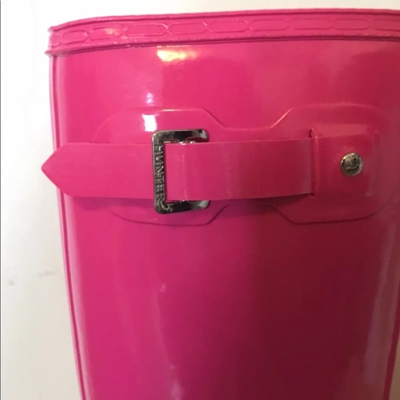 Hunter Tall Knee High Gloss Bright Pink Rain Boots - Picture 2 of 5